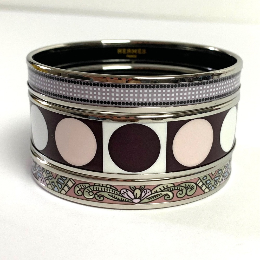 Hermes 3pc Enamel Bangle Bracelet Stack Set 65 PM Austria Palladium Pink Dots